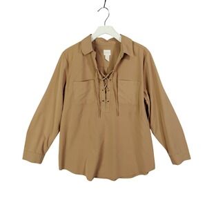 Chicos Modal Tan Lace Neck Collared Norm Long Sleeve Shirt Womens 2 US Large
